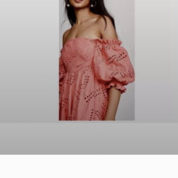 Waimari Belmond Coral Pink Puff Sleeve Eyelet Lace Peasant Maxi Dress Size S - Picture 4 of 9